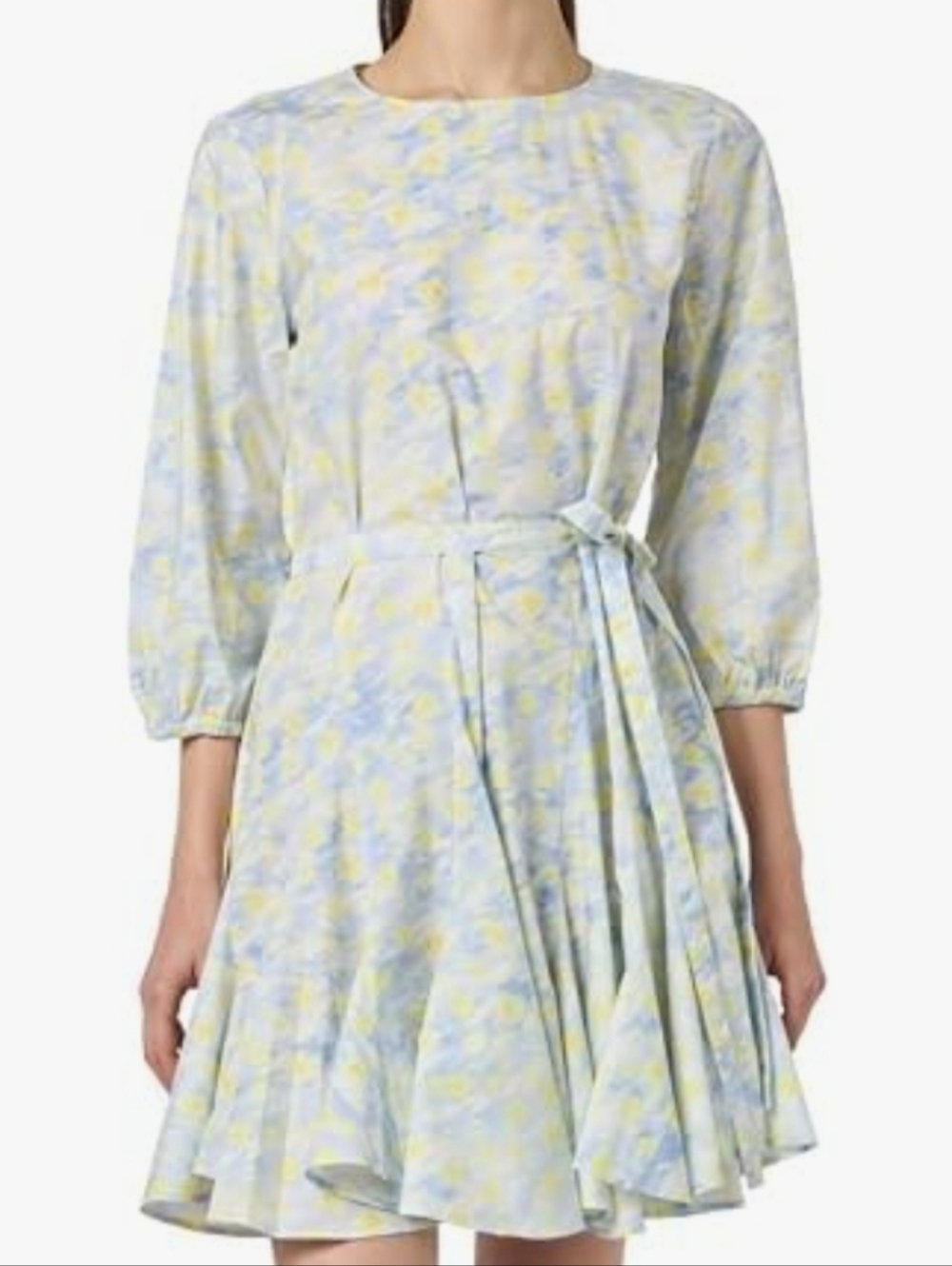 HUGO Karomalla Poplin Cotton Blue & Yellow Floral Tie-Waist Dress 34 EU/0 US